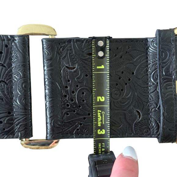 A|Wear Y2K Black Tooled Leather Stretch Waist Belt M/L Gold Buckle Western Boho - Picture 8 of 8